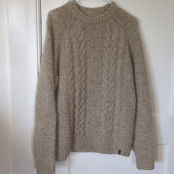 Finisterre Fisherman's Cable Knit Wool Sweater Med/Large Tan Speckled Chunky - Picture 1 of 9